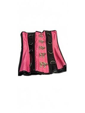 Top Drawer Pink and Black Lace-Up Corset with Front Hook Closures Medium